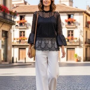 #A085  Dolce Cabo Vintage Black Lace Crochet Top, Victorian Neck M (No Tags)